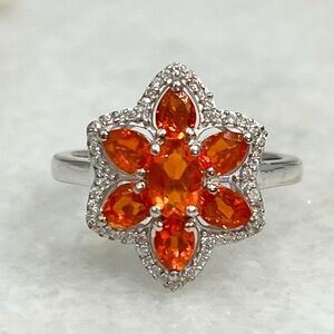 Crimson Fire Opal White Zircon Floral Ring Sz 7